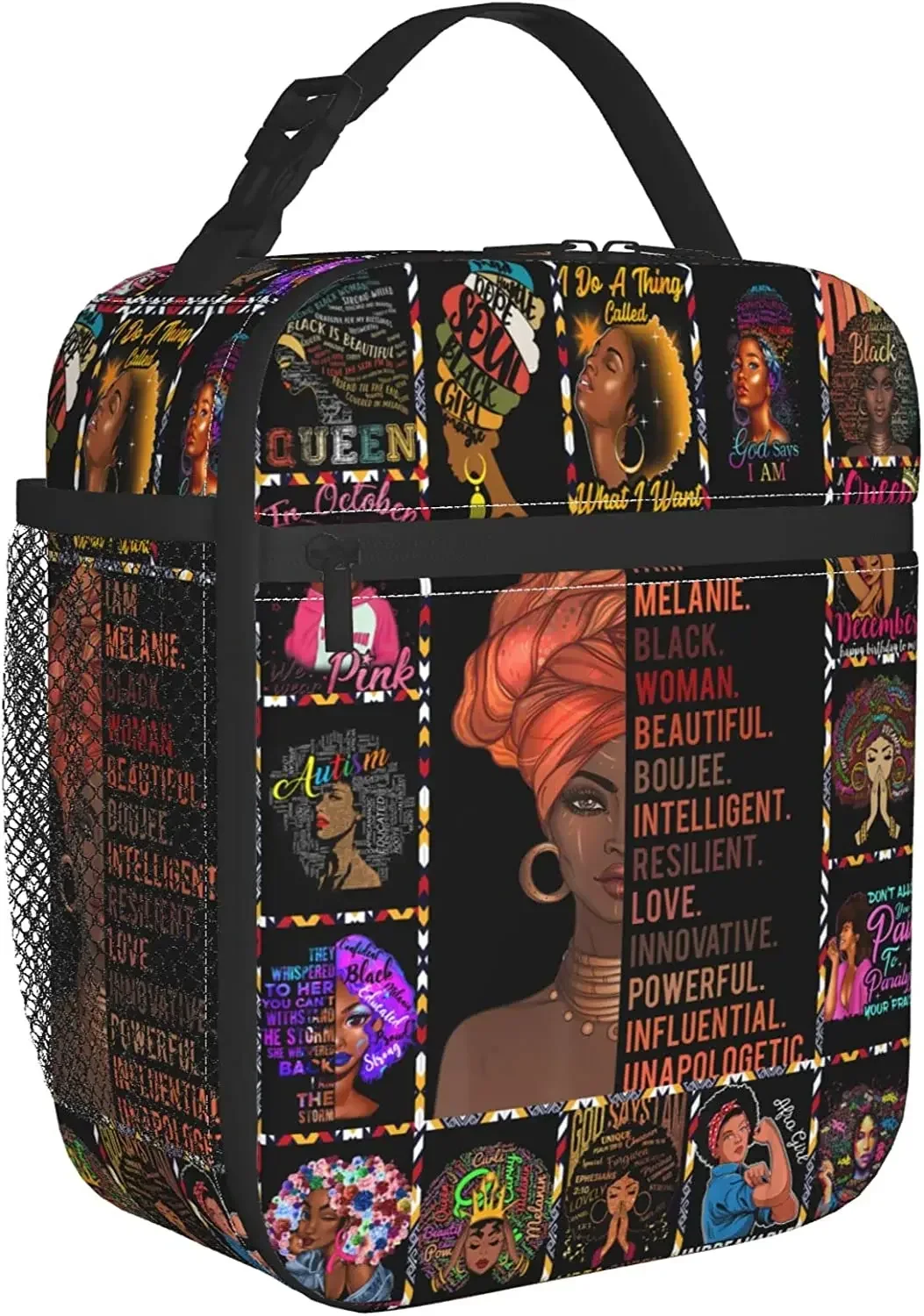 African American Woman Lunch Bag Insulated Black Queen Lunch Box for Women Men Reusable Tote for Work Office Camping