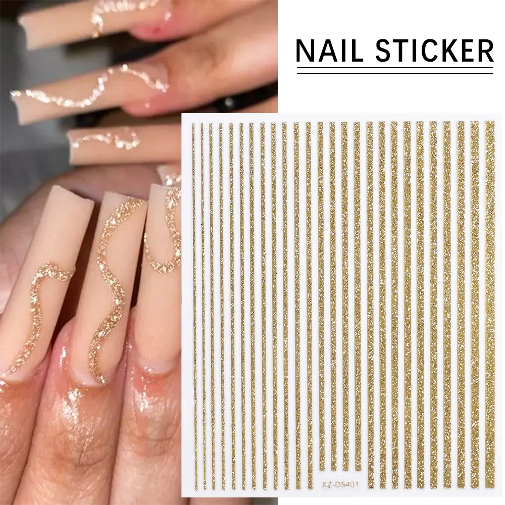 1PC 3D Simple French Line Stripe Nail Art Stickers Gold Silver Metal Lines Nail Decals Straight Strip Polish Manicure Tip#10*8cm