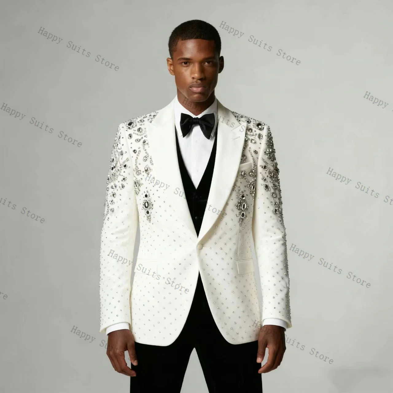 

White Crystals Men Suit Set 2 Pcs Groom Blazer+Black Pants Trousers Formal Office Coat Wedding Tuxedo Customized Jacket Outfit
