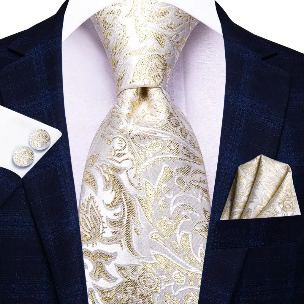Hi-Tie Light Champagne Men Wedding Tie Mint Paisley Solid Fashion Design Gift Necktie For Men Hanky Cufflink Business silk Party