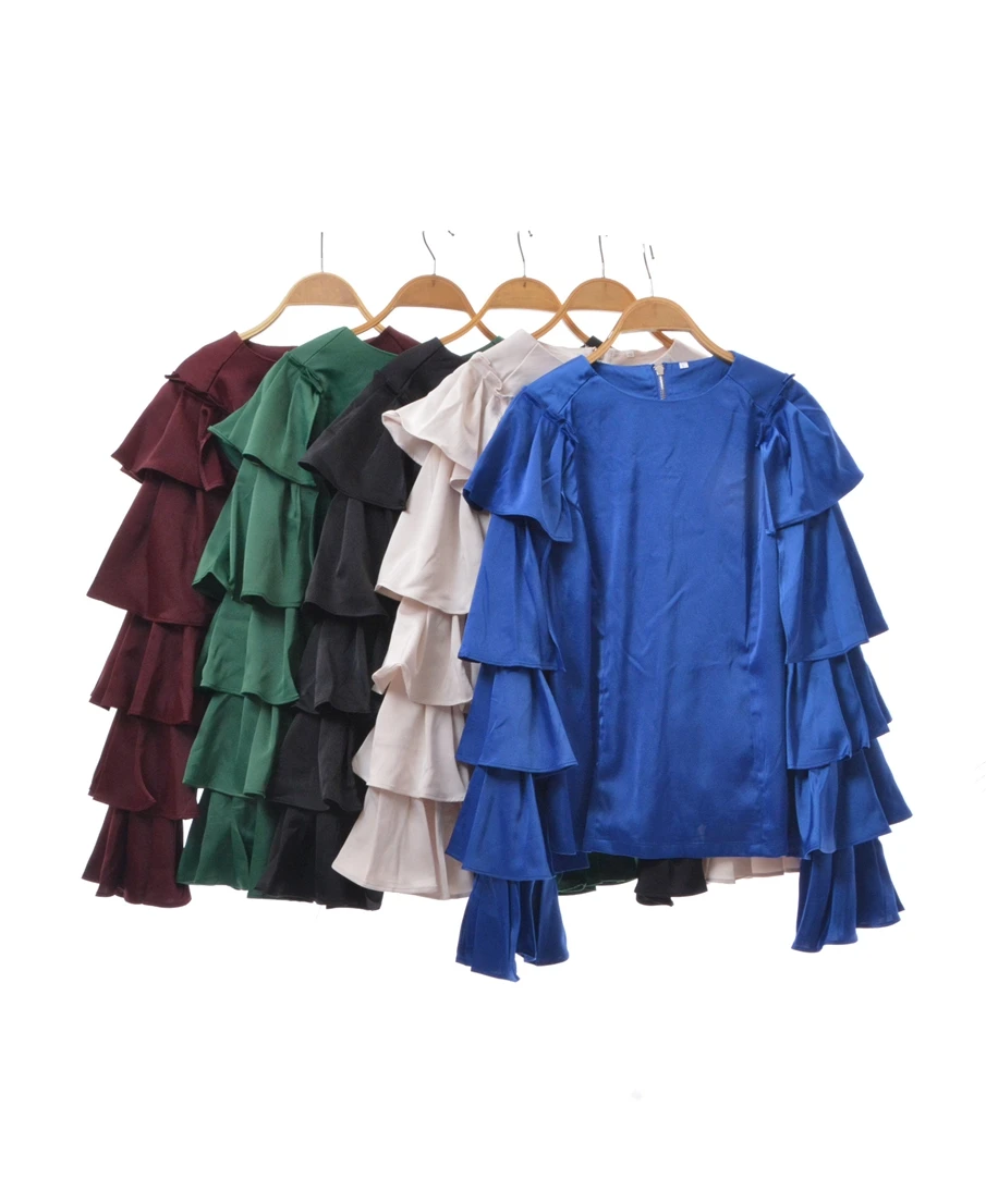 

Trendy Street Sle Loose Fit Large Size Bell Sve irt Women's Faion Layered Hem Pure Color Top round Ne Long Sve