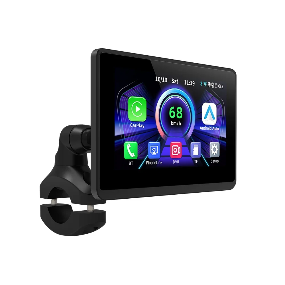

[2025 Upgraded] 5" Motorcycle Wireless CarPlay Android Auto Display, Dual DVR Camera, IP67 Waterproof, AirPlay, Removable Mount