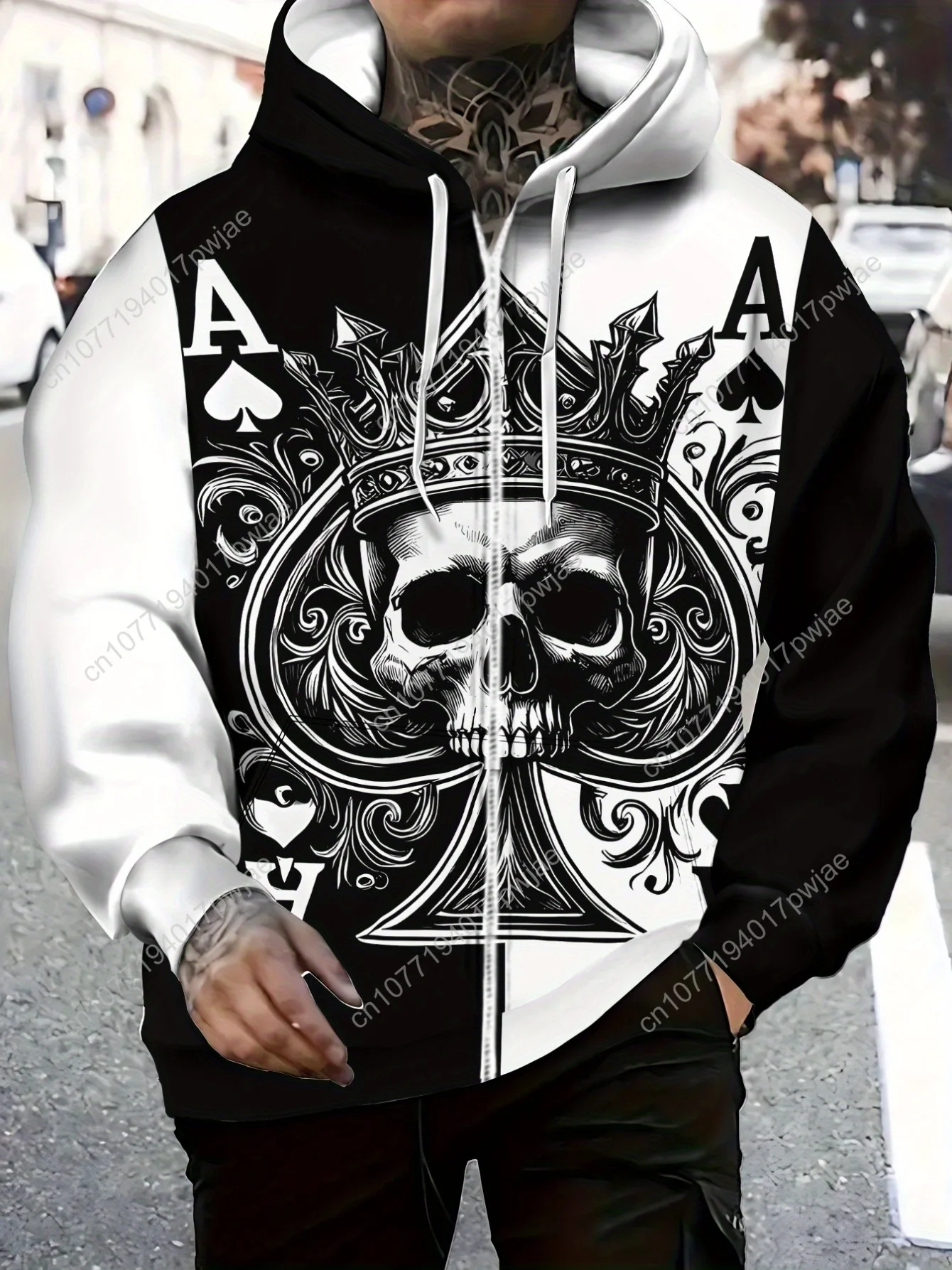 [Готическая толстовка] Высококачественная толстовка унисекс с готическим принтом черепа и пика |   Куртка на молнии с длинным рукавом и капюшоном на шнурке, F