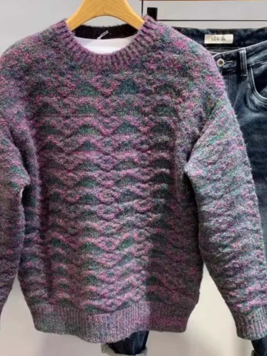 

Мужской вязаный свитер свободного кроя с круглым вырезом, зимний повседневный пуловер, модная трикотажная одежда для мужчин