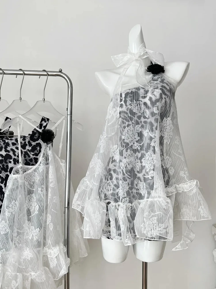 

Sexy Slim Leopard Print Mini Dress Set Women Y2K Summer Streetwear Loose Lace Blouse French Hot Girl Sleeveless 2 Piece Suits