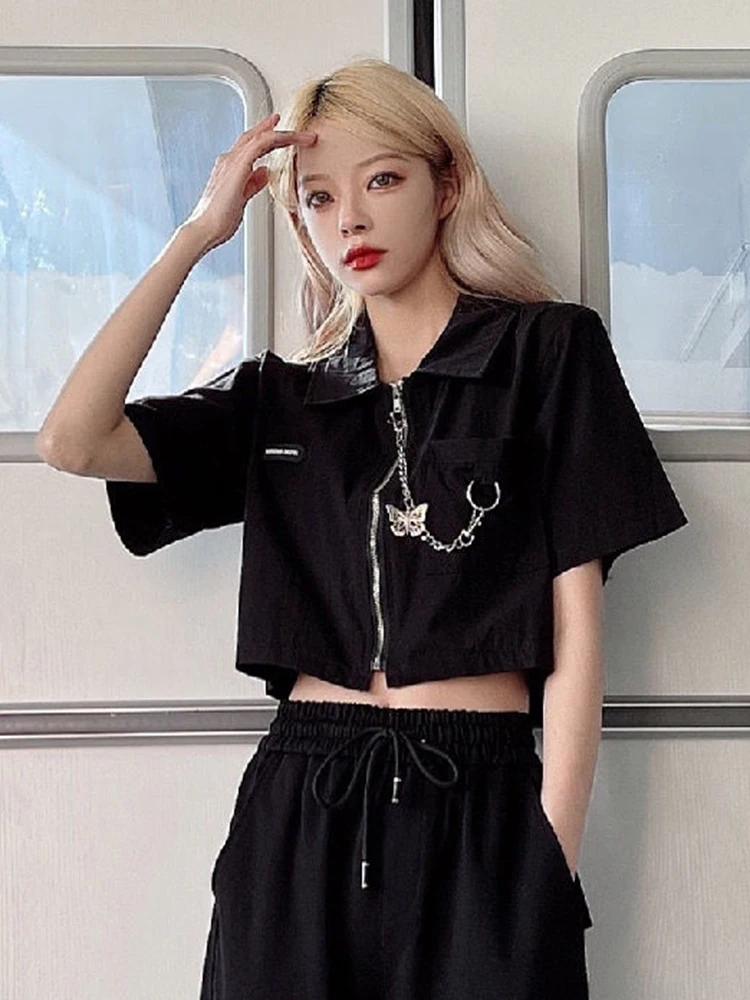 Jmprs Gothic Chain Y2K Cargo Shirt Women Harajuku Streetwear Cropped Blouse Vintage Design Korean Short Sleeve Bf Pocket Tops