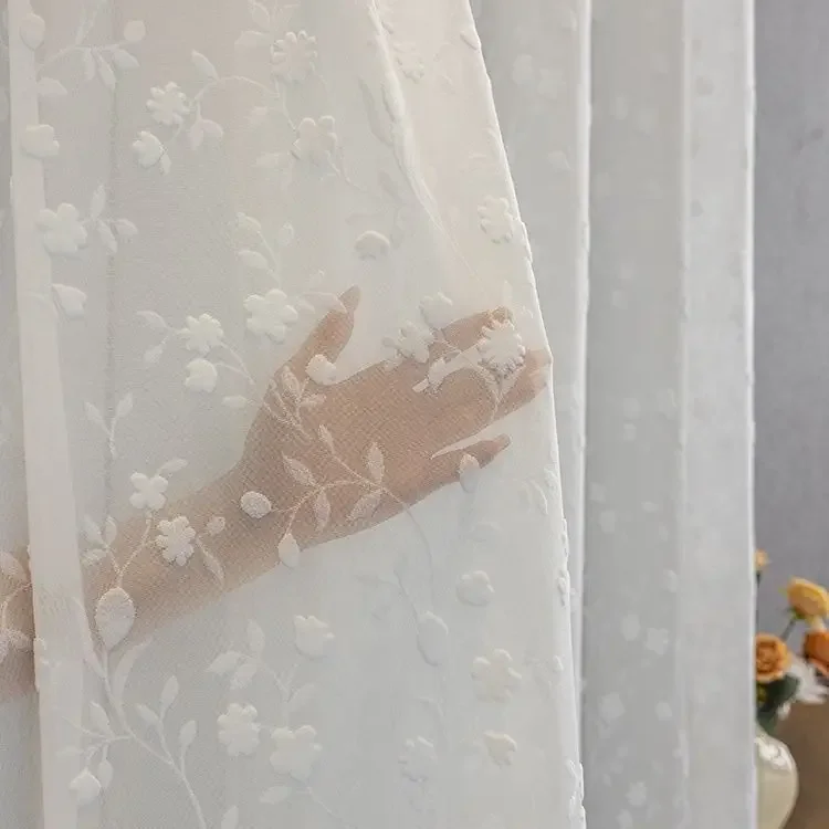 Customized French Relief Romantic Luxury Translucent Gauze Curtain Living Room Bedroom Cream Style White Gauze Window Sheer
