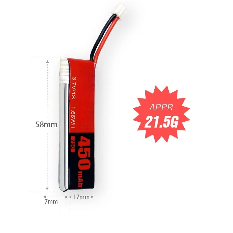 Batería LiPo de 450mAh 1S 3,7 V 75C para RC helicóptero Quadcopter Dron de carreras con visión en primera persona