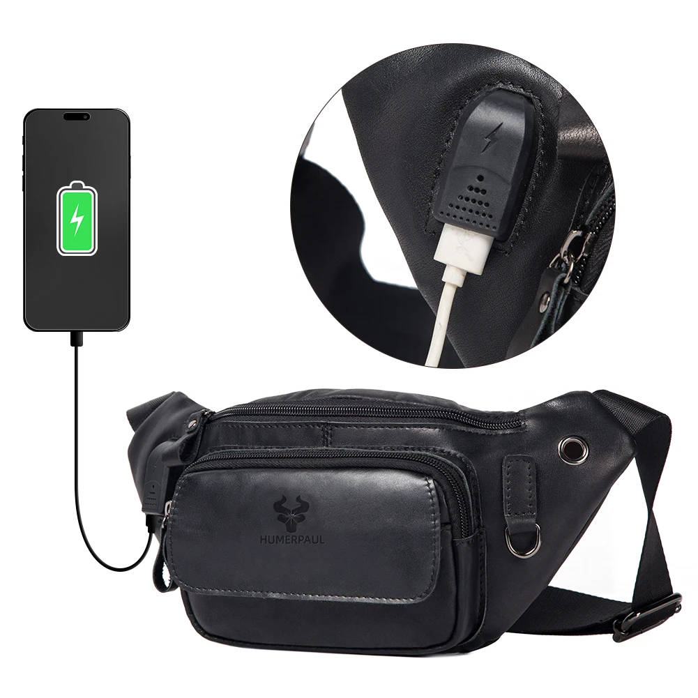 HUMERPAUL 100% Genuine Leather Chest Bag For Men Higt-Capacity With Durable USB Charging Crossbody Bag