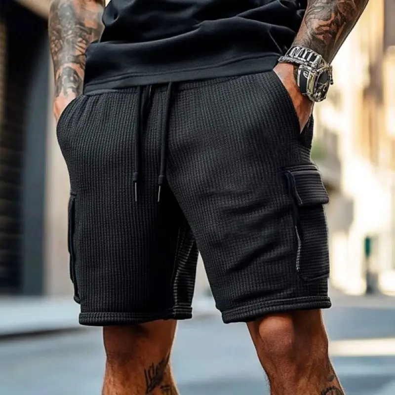 

Men's Vintage Waffle Knit Cargo Shorts Elastic Waist Surf Workwear Casual Walkshorts Multi-Pocket Knee-Length Summer Beach Short