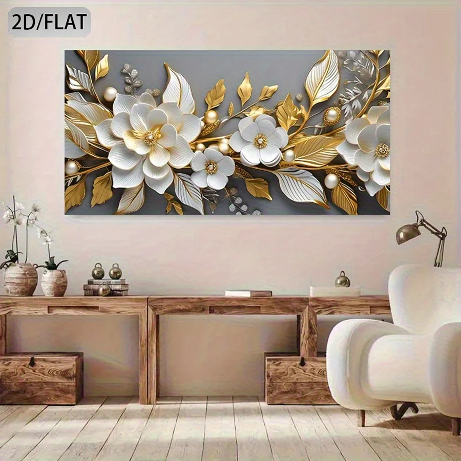 مسطح ثنائي الأبعاد، كبير وحديث بدون إطار - تصميم الأزهار البيضاء والذهبية، طباعة عالية الجودة، داخلي/خارجي لديكور غرفة المعيشة