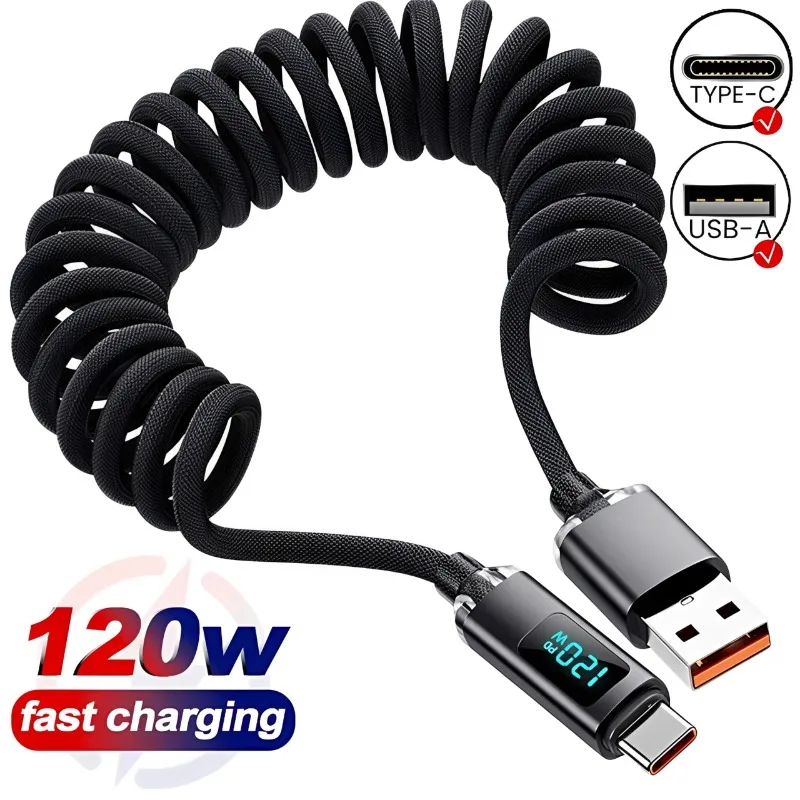 Sturdy Nylon Braided USB C Spring Cables 120W 6A High-speed Charging Data Transfer Wire Retractable Cord for iPhone Samsung