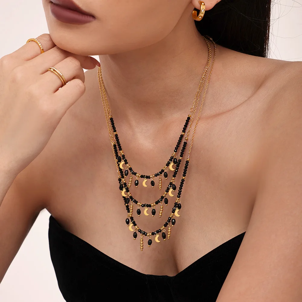 

Retro Black Crystal Moon Tassel Pendant Necklace Plated 18k Gold Color 316L Stainless Steel Necklace For Women Fashion Jewelry