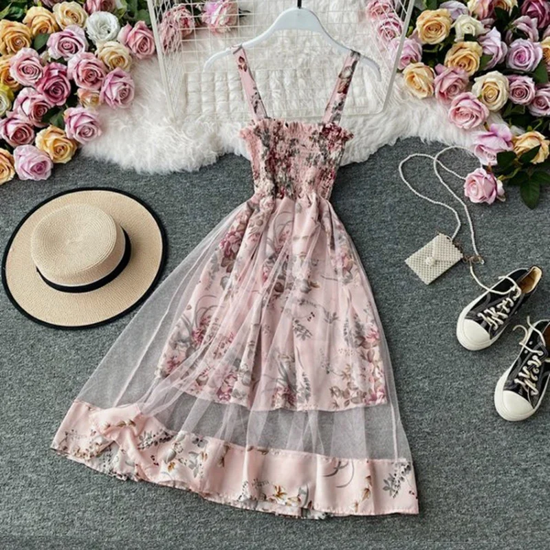 litmage Summer Women's Dress French Retro Square Neck Print Suspender Dress New Waist Lace Feamle Short Dresses HH293