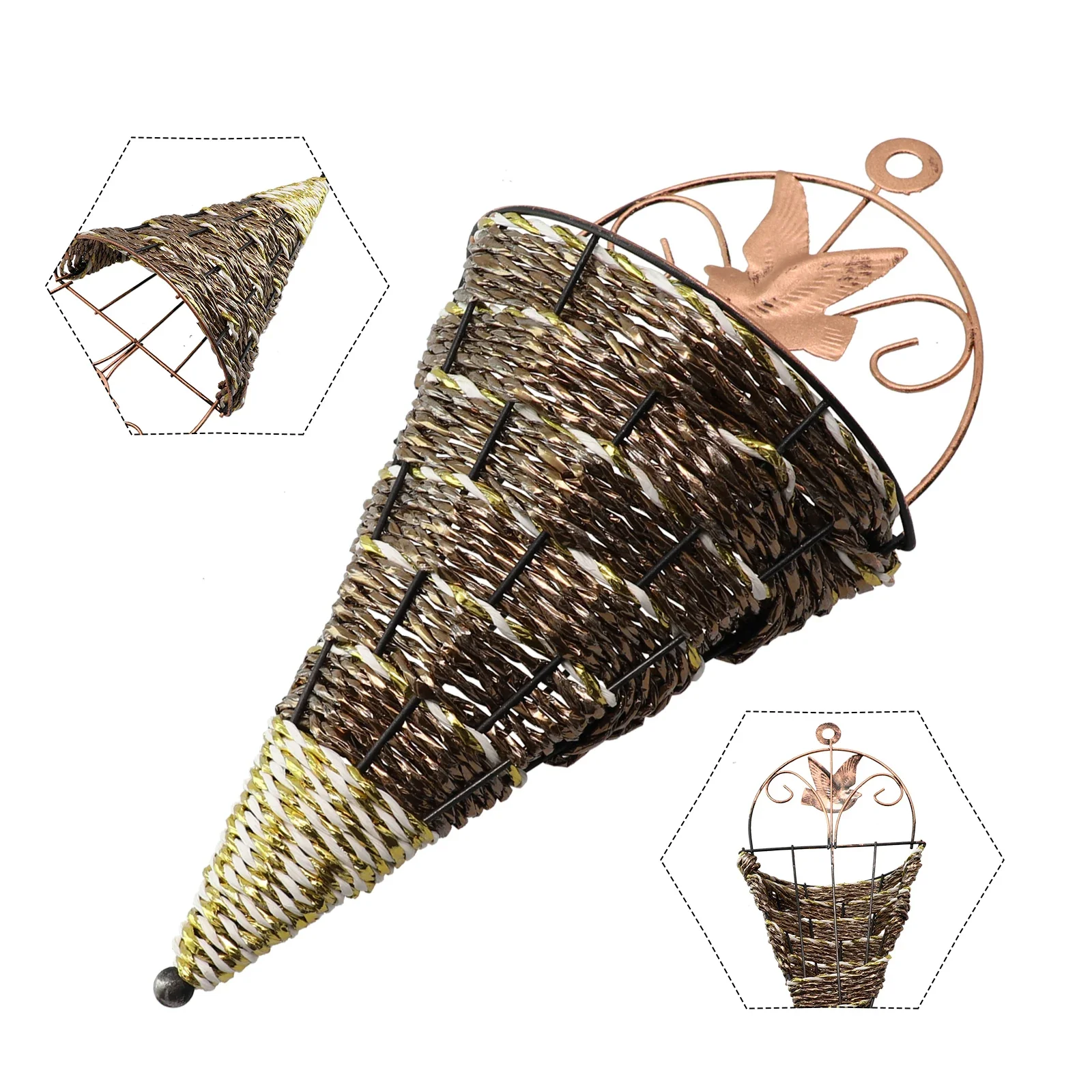 Natural Hand-Woven Rattan Conical Flower Pot with Metal Support Frame, Wall Mounted Wicker Plant Holder, Hanging Rattan Vase for
