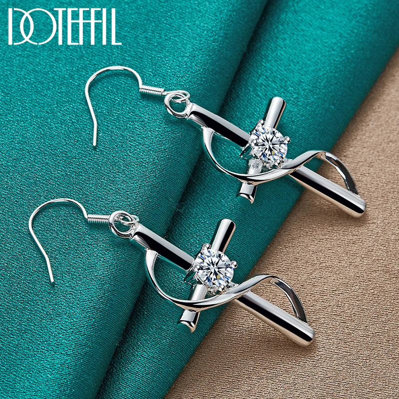 DOTEFFIL 925 Sterling Silver AAA Zircon Cross Drop Earrings Charm Women Jewelry Fashion Wedding Engagement Party Gift