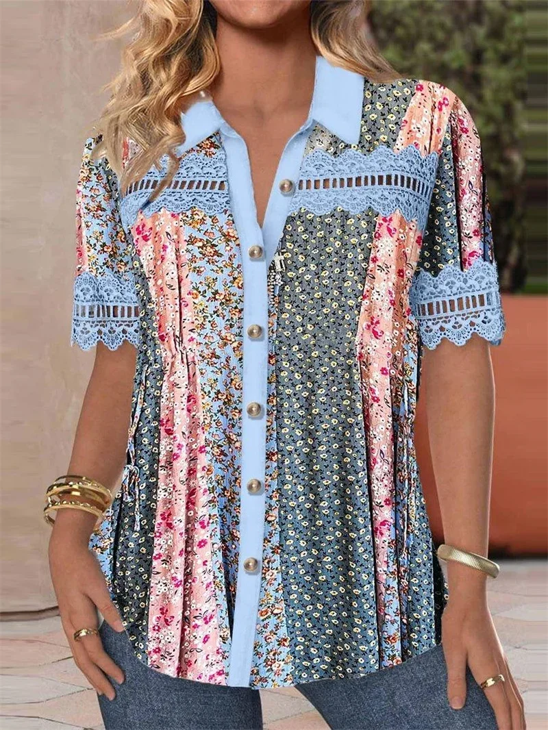 Women Vintage Ethnic Style Print Shirt Elegant Hollow Out Splicing Lace Short Sleeve Blouse Lapel Single-breasted Cardigan Tops