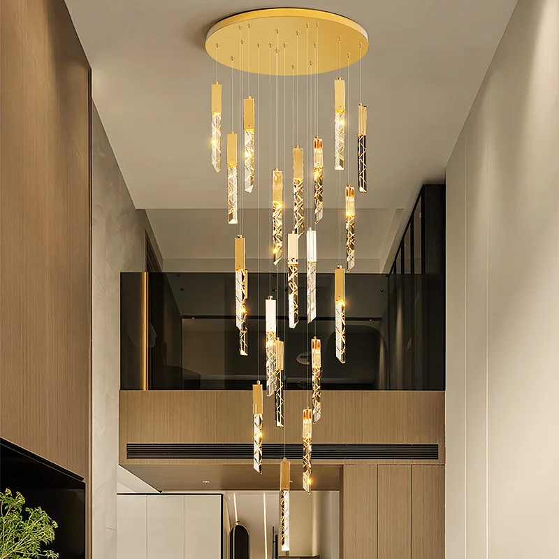 

Light luxury villa stair light duplex floor long chandelier empty loft apartment carved crystal spiral chandelier