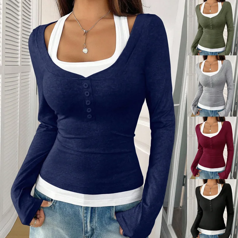 

Сплошные повседневные тонкие футболки для женщин, осень 202, Y2K, женская футболка, блузки с длинными рукавами, футболки, модные женские топы