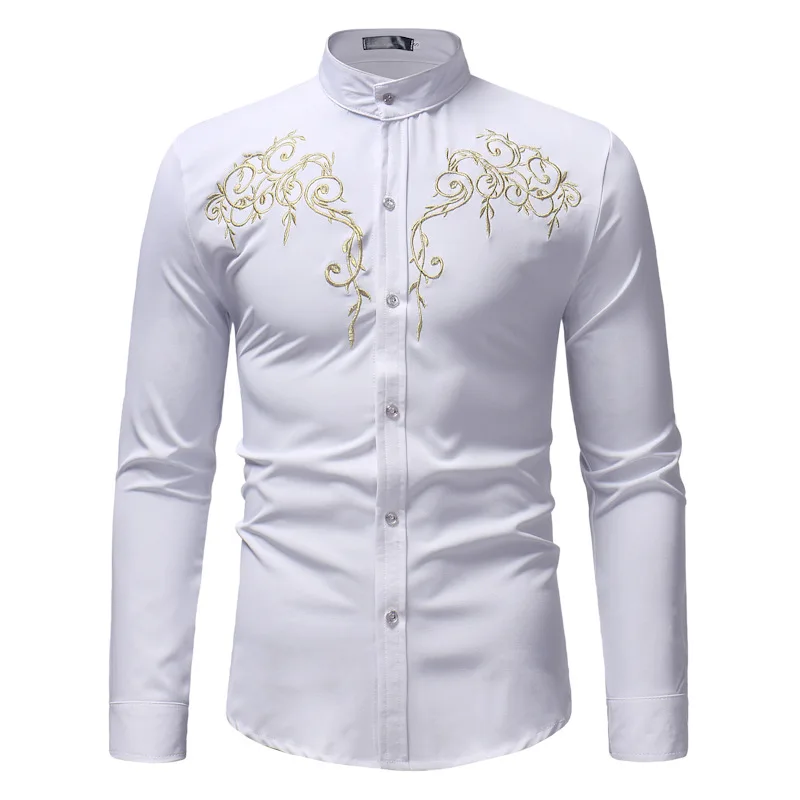 Men's long-sleeved casual embroidered bottom stand-up collar shirt
