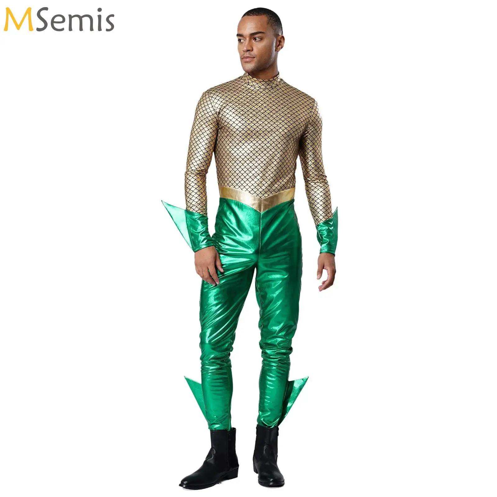 

Mens Movie Cosplay Jumpsuit Fish Scale Print Color Blocked Metallic Shiny Long Sleeve Unitard Rompers for Halloween Masquerade
