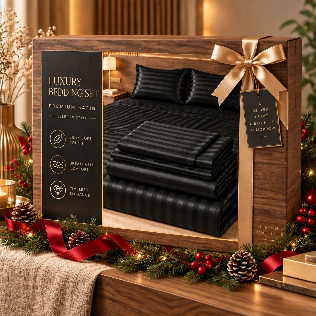 Black Striped Satin 4-Piece Sheet Set, Luxury Silky Bedding, 15 Inch Deep Pocket Fitted Sheet, Wrinkle & Fade Resistant, Twin Full Queen King Multi Sizes for Bedroom Decor