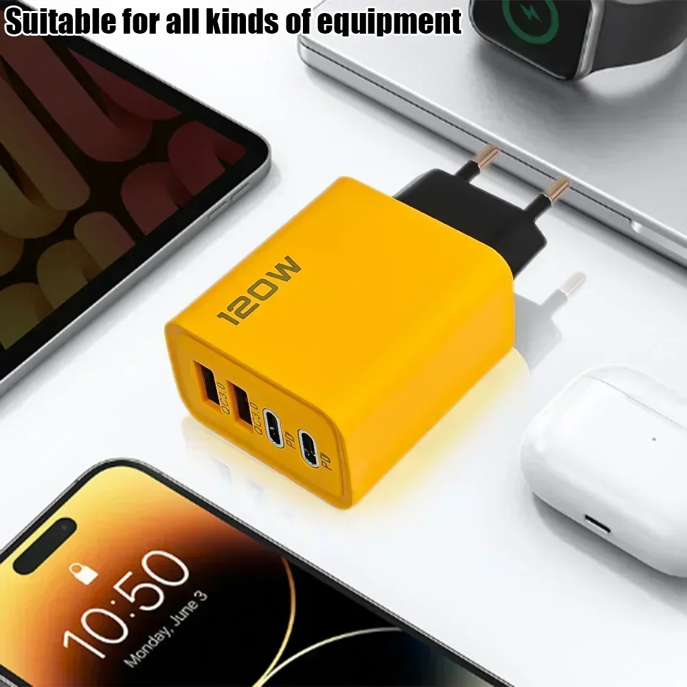 Cargador de teléfono móvil de 4 puertos, dispositivo de carga rápida de 120W, QC3.0, USB tipo C, adaptador de pared Dual PD, enchufe europeo/estadounidense/británico para iPhone 15 y Xiaomi