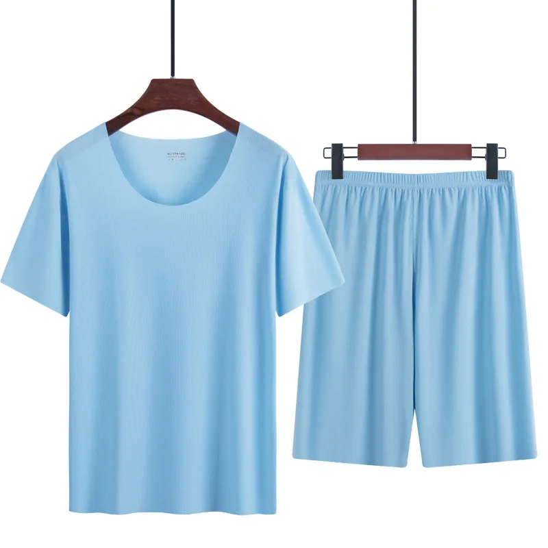 Pyjama d\'été à manches courtes pour hommes, shorts décontractés à col rond, vêtements de maison fins imbibés de glace