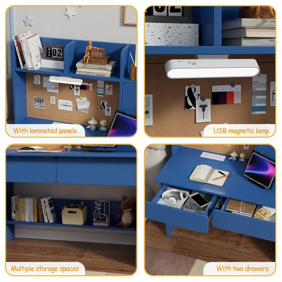 طقم مكتب وكرسي دراسة خشبي للأطفال، مكتب أطفال مع ضوء ومحطة شحن، درجين، خزائن تخزين و3 تخزين O #6