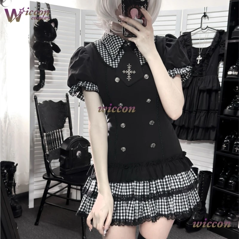 

Magcos Japanese Gothic Lolita College Plaid Fake 2-piece Design Short Sleeve Black Dress Women Cake Mini Dress Summer Y2k Outfit