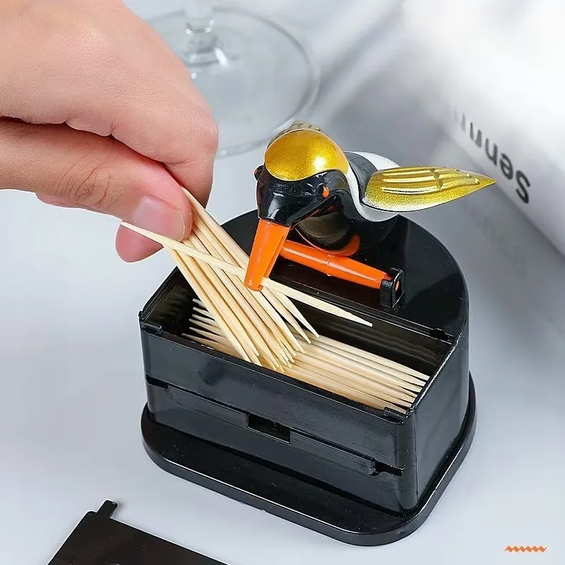 Automatic Toothpick Dispenser  Bird Design Push Button Canister Organizer Desktop Storage Box and Toothpicksfor Home Office
