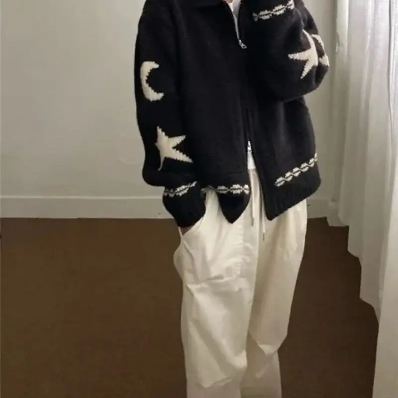 Casual Woolen Coat Women, Sweater Jacket, Soft, Little Fresh, Moon Stars Contrasting Colors Cardigan Artistic Coat Autumn Winter