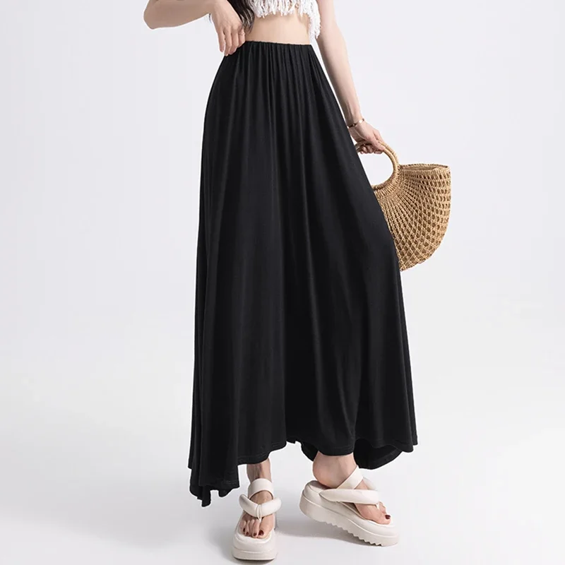 

Elastic Waist Casual Modal Fabric Maxi Skirt for Women 2024 Summer Solid Big Swing A Line Pleated Skirts Female