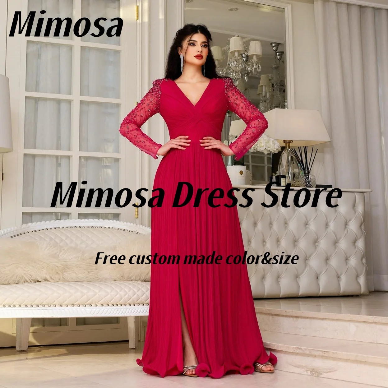 

Mimosa платья для выпускного вечера с v-образным вырезом и бисером, с длинными рукавами, вечерние платья на молнии сзади, рюшами и боковым разрезом, Vestidos De Fiesta по индивидуальному заказу