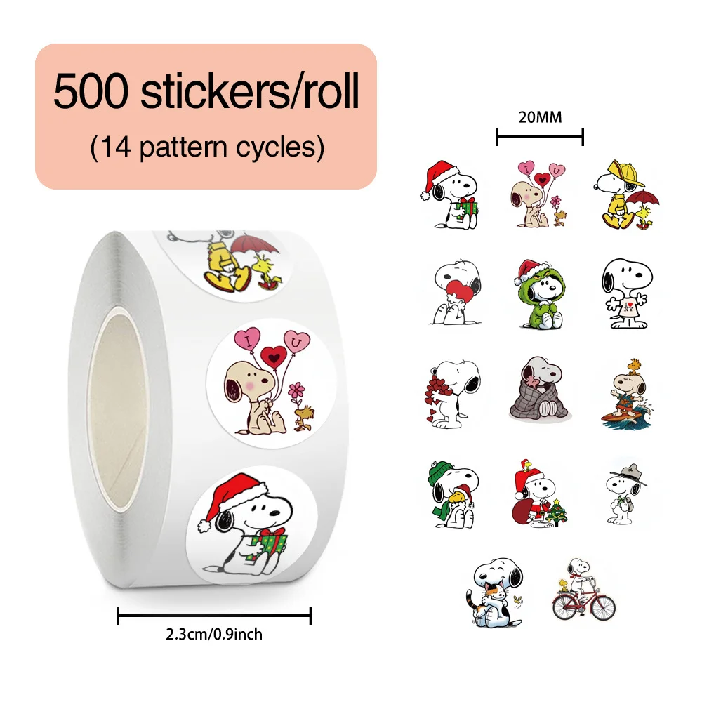 500 Stück/Rolle Cartoon Niedliche Snoopy Roll-Aufkleber aus PVC-Material, Personalisierte DIY-Aufkleber für Mobiltelefone, Umschläge, Wasserdicht, Kindersticker.