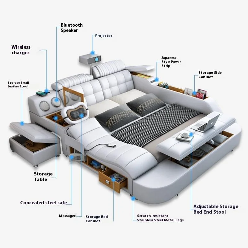 Factory Direct 2026 Hotsale Luxury Leather Smart Bed Multifunctional Bed Tatami King Size Platform Upholstered Fabric Soft
