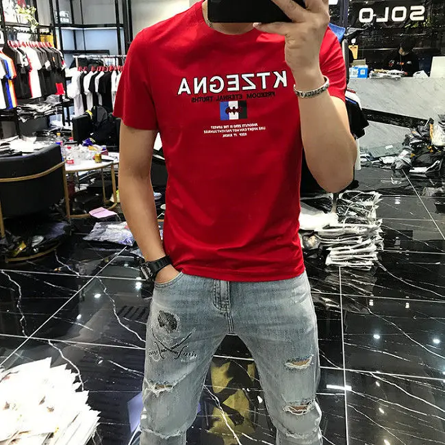 

Men's summer new slim short sleeve T-shirt personality tide brand badge printed letter embroidery trend jacket