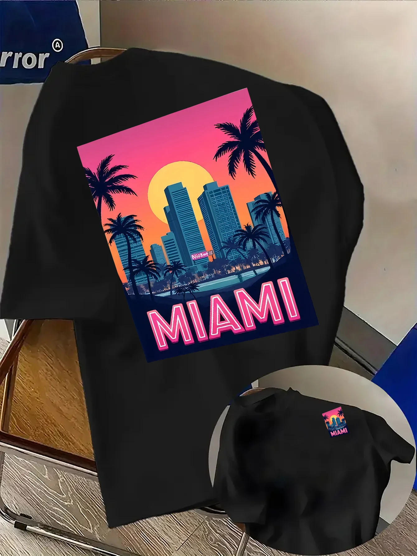 Miami Sunset Print Mens Tee 100 Soft  Streetwear Style Casual Short Sleeve For Summer Vacation