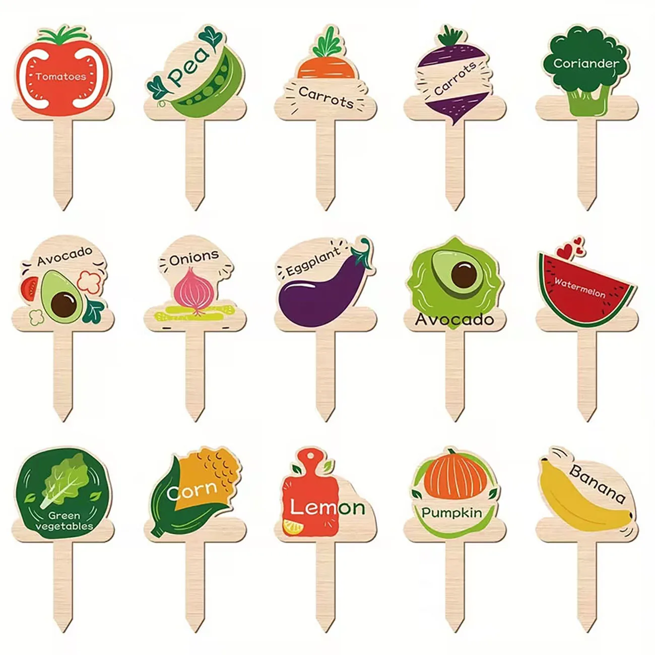 15 Pcs Wooden Bright Color Fruit Vegetable Plant Markers Garden Stakes Tags for Potted Plants Backyard Garden Decor