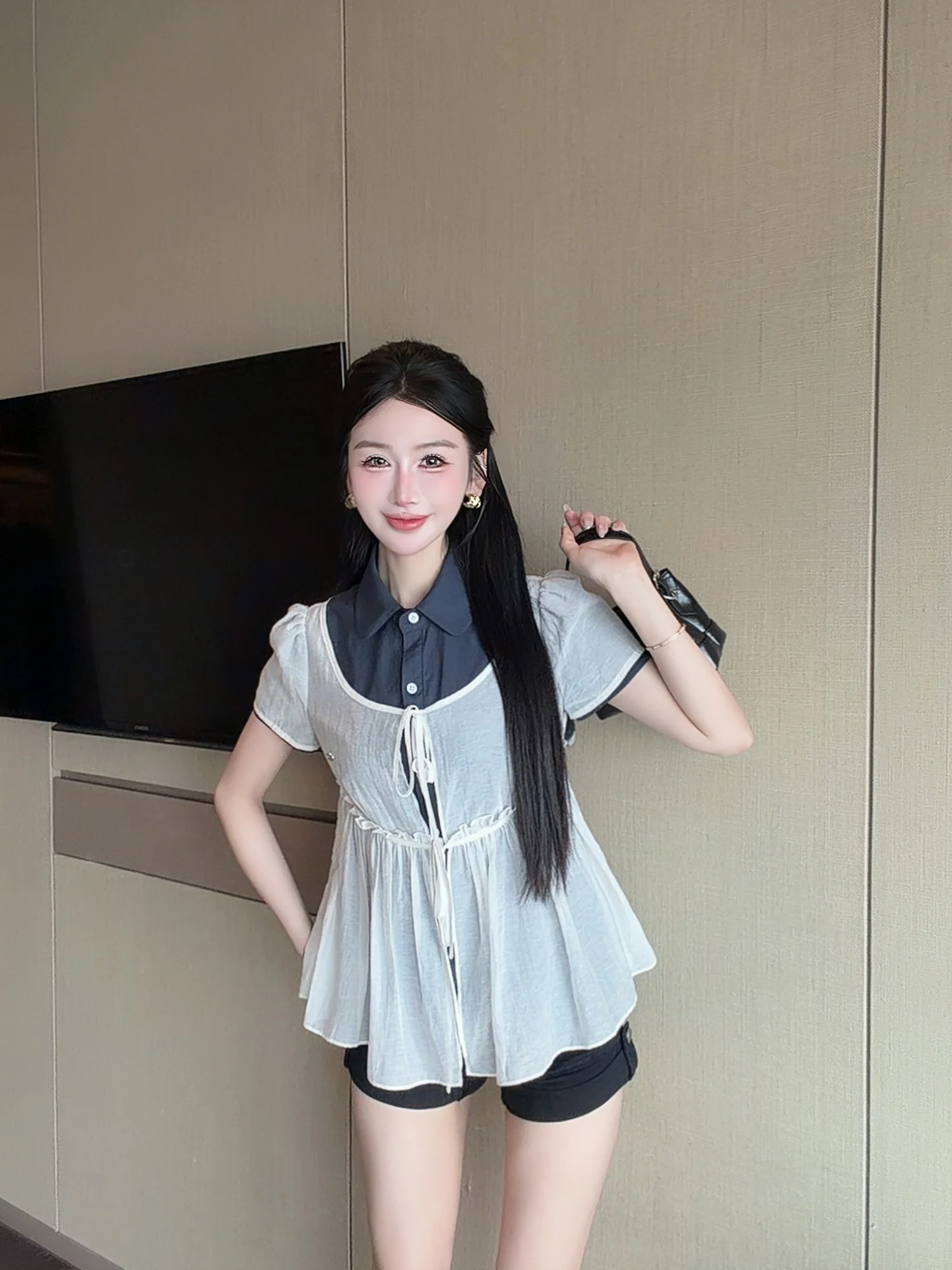 

MaoNi Academy Style Loose Fit Shirt with Belt Short Sleeve Patchwork Fake Two-Piece Casual Cotton Women's Spring Summer