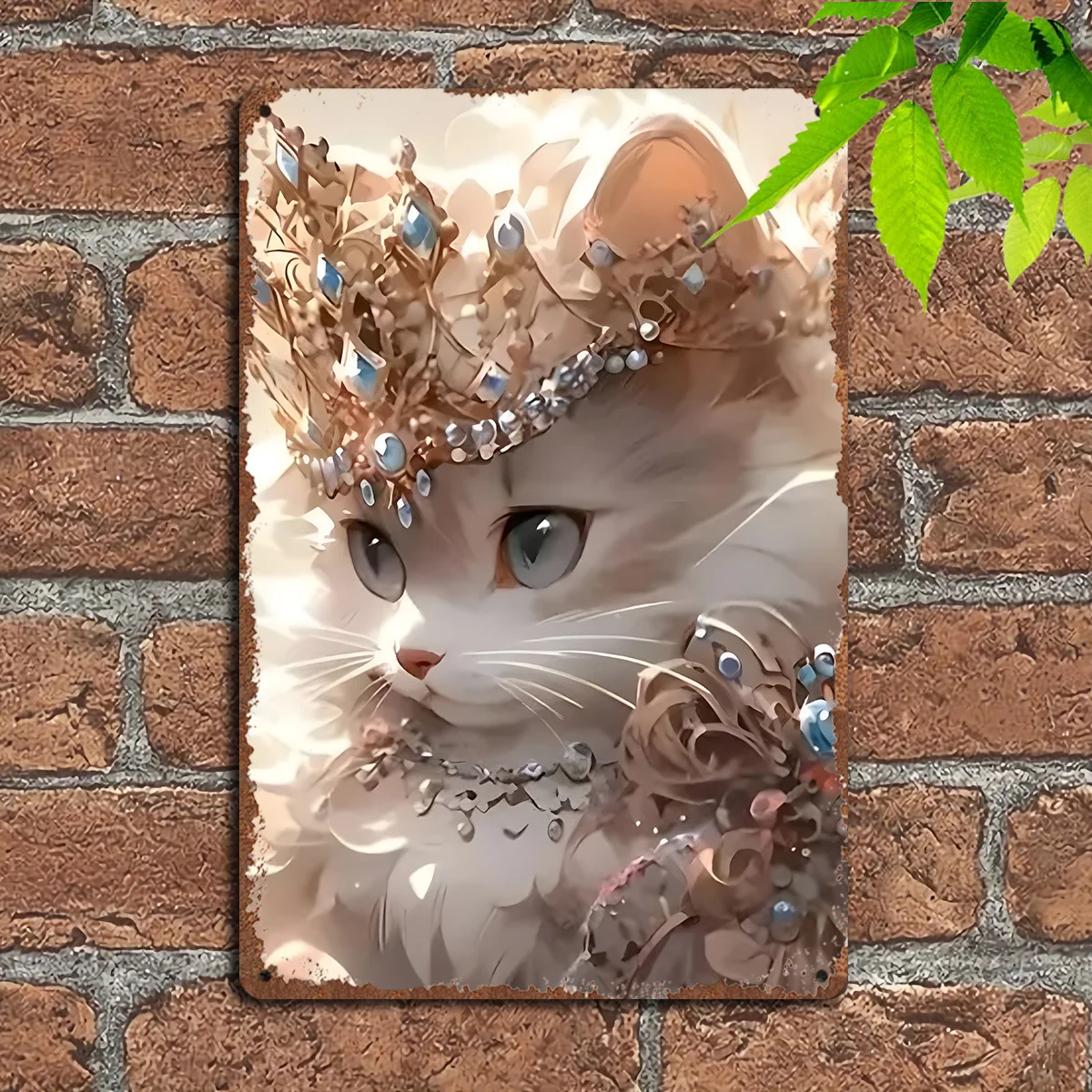 

Retro Gem Cat Metal Tin Sign - 8x12 Inch Elegant Wall Art with Crown & Gem Details for Home, Office, Cafe Decor