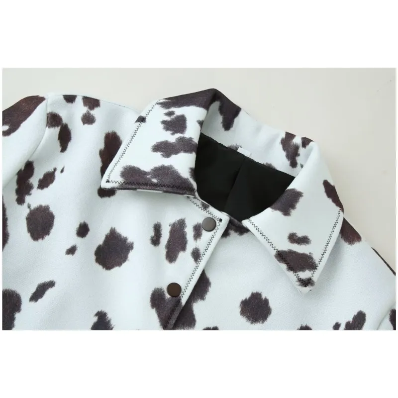 الخريف الشتاء المرأة طباعة سترة عادية التلبيب طوق كم طويل المرأة معطف قصير الإناث زر القمم #3