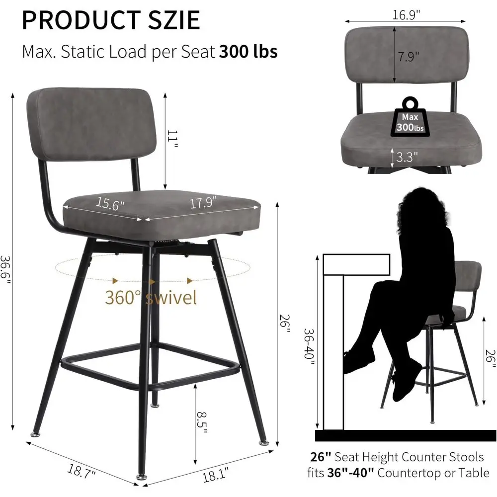 Sepasang Kursi Bar Putar Kulit Imitasi Abu-abu & Hitam dengan Sandaran, Kaki Logam, Tinggi Dudukan 26 inci untuk Pulau Dapur dan Bar Rumah