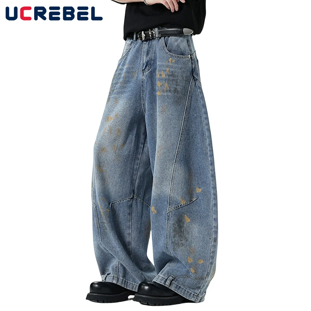 

Graffiti Dirty Wash Jeans Mens Pocket Retro High Street Spliced Wide Leg Baggy Denim Banana Pants Men