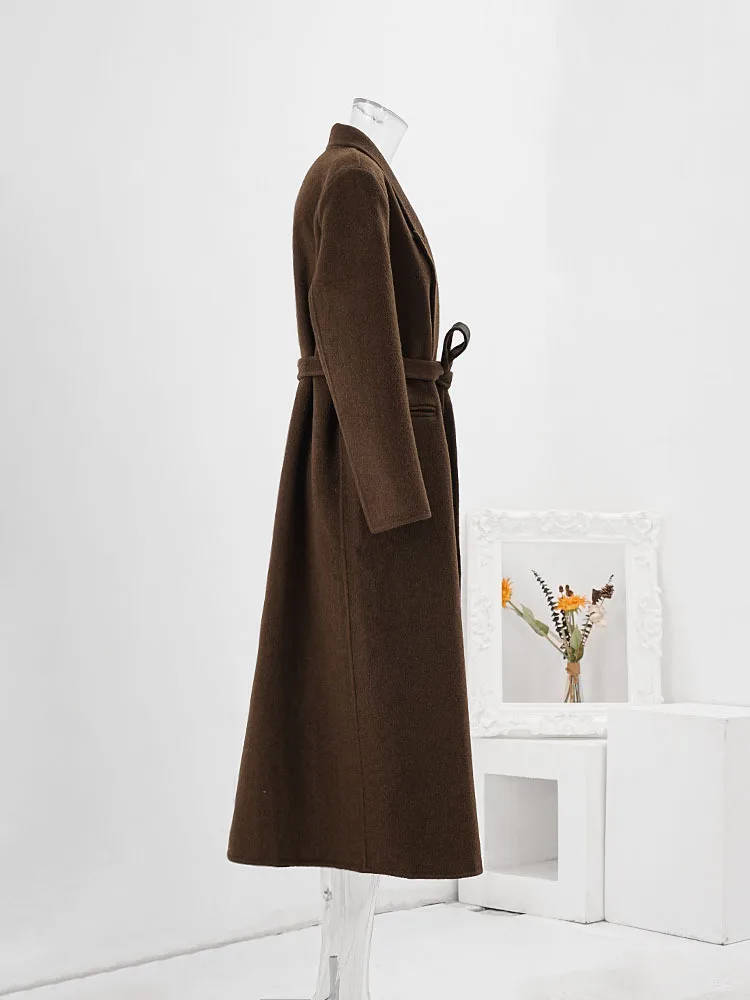 LANMREM Long Wool Coats Office Lady Notched Collar Long Sleeves Overcoat With Belt Female Luxury Elegant Clothing New CPG1859