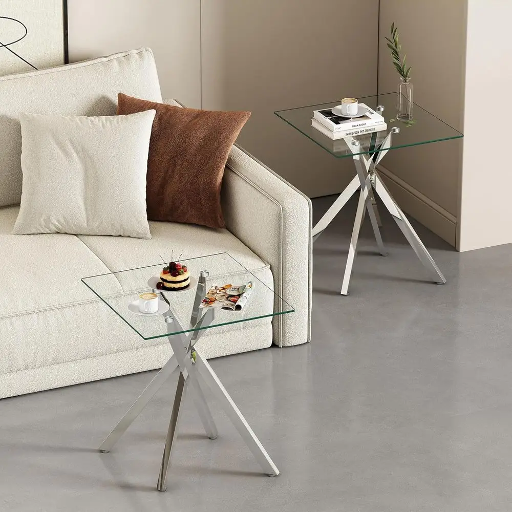 

Silver Glass Coee Table Set o 3 ern End Table Living Room Side Table, Geometric Metal Legs 39.4 Inch Clear RecCenter Cocktail Ta