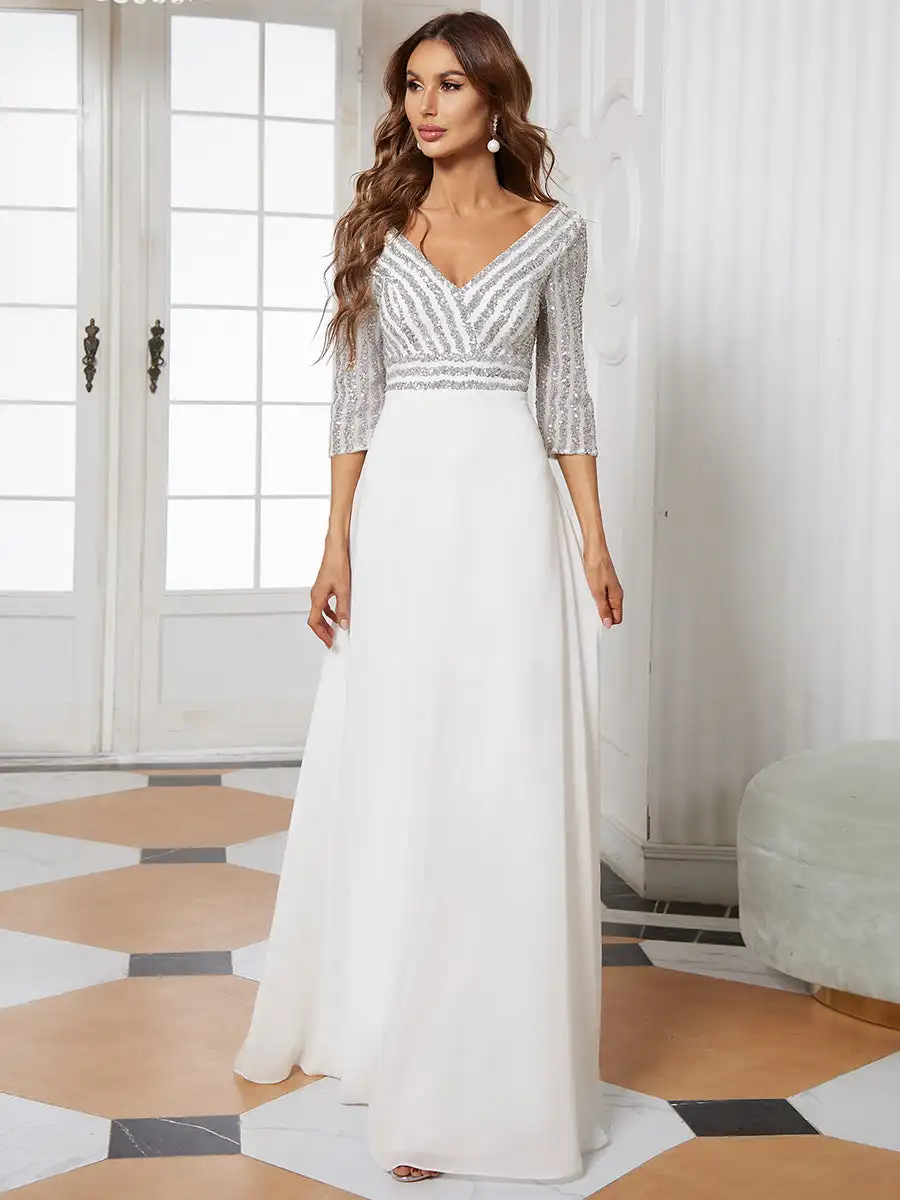 Elegant Evening Dress V Neck 3/4 Sleeve Zipper hidden Stripe decoration 2025 Ever Pretty of A-Line Sequin White Bridesmaid dress