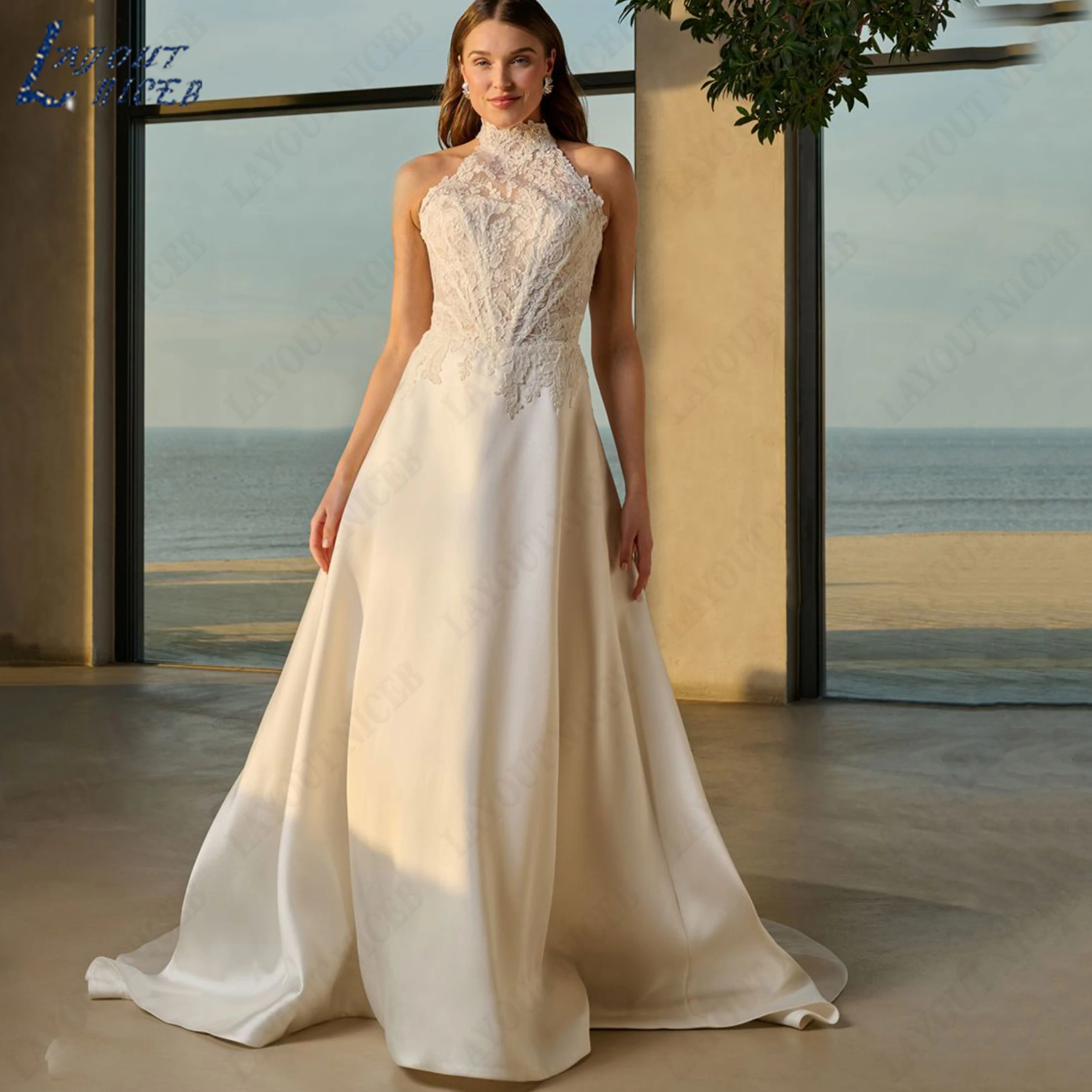 LAYOUT NICEB Customized High Neck Satin Bridal Dresses Plus Size Backless A Line Wedding Gown Sleeveless Applique Bride Dress