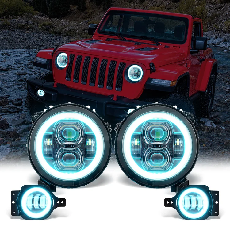 

9 Inch RGBW Halo LED Headlights&4 Inch Foglamp Hi-Lo Beam Bluetooth App Control For 2018-2023 Jeep Wrangler JL JLU&JT Gladiator