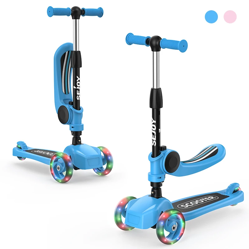 Step-scooter voor kinderen met 3-wielige LED-verlichting, verstelbaar Lean-to-Steer-stuur, opklapbare stoel, zit- of sta-rijfunctie, voor 3-8 jaar